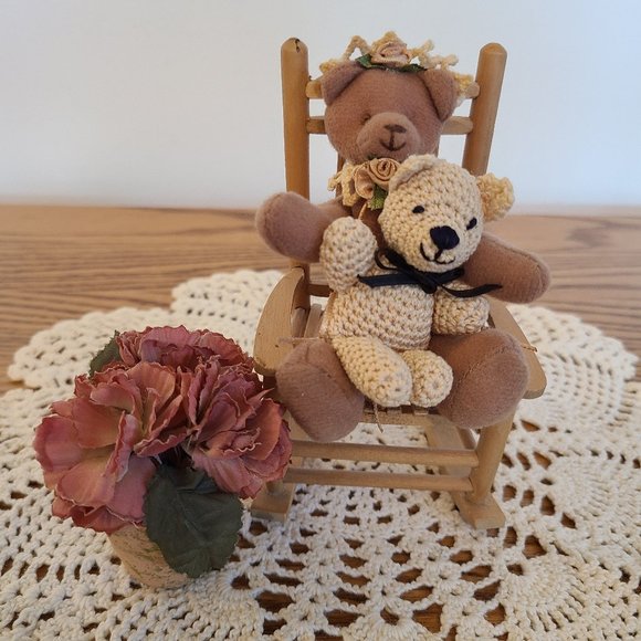 Vintage Mini Teddy Bears Including Mini Rocking Chair and Flower Pot For Display